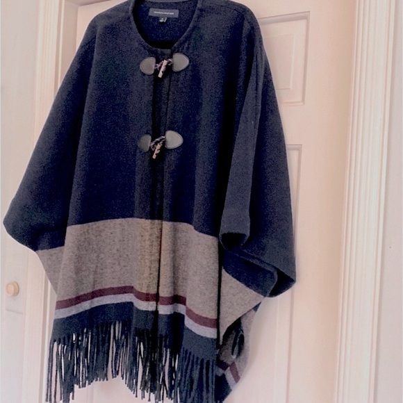 Burgundy Navy Gray Color Block Tommy Coat Cold Weather Fringe Trim NEW NWOT - Picture 2 of 16